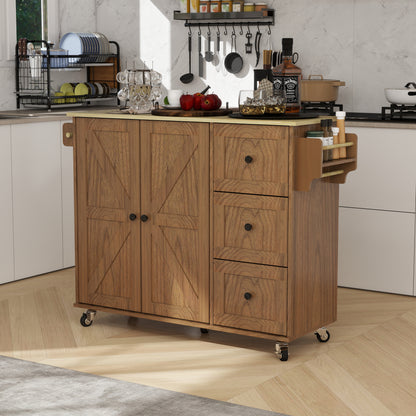 Removable Convenient Peach Kitchen Island with 2-Door Cabinets, 3-Drawer Storage, 5 Universal Wheels Rolling Kitchen Dining Cart, Wooden Top with Towel Rack
