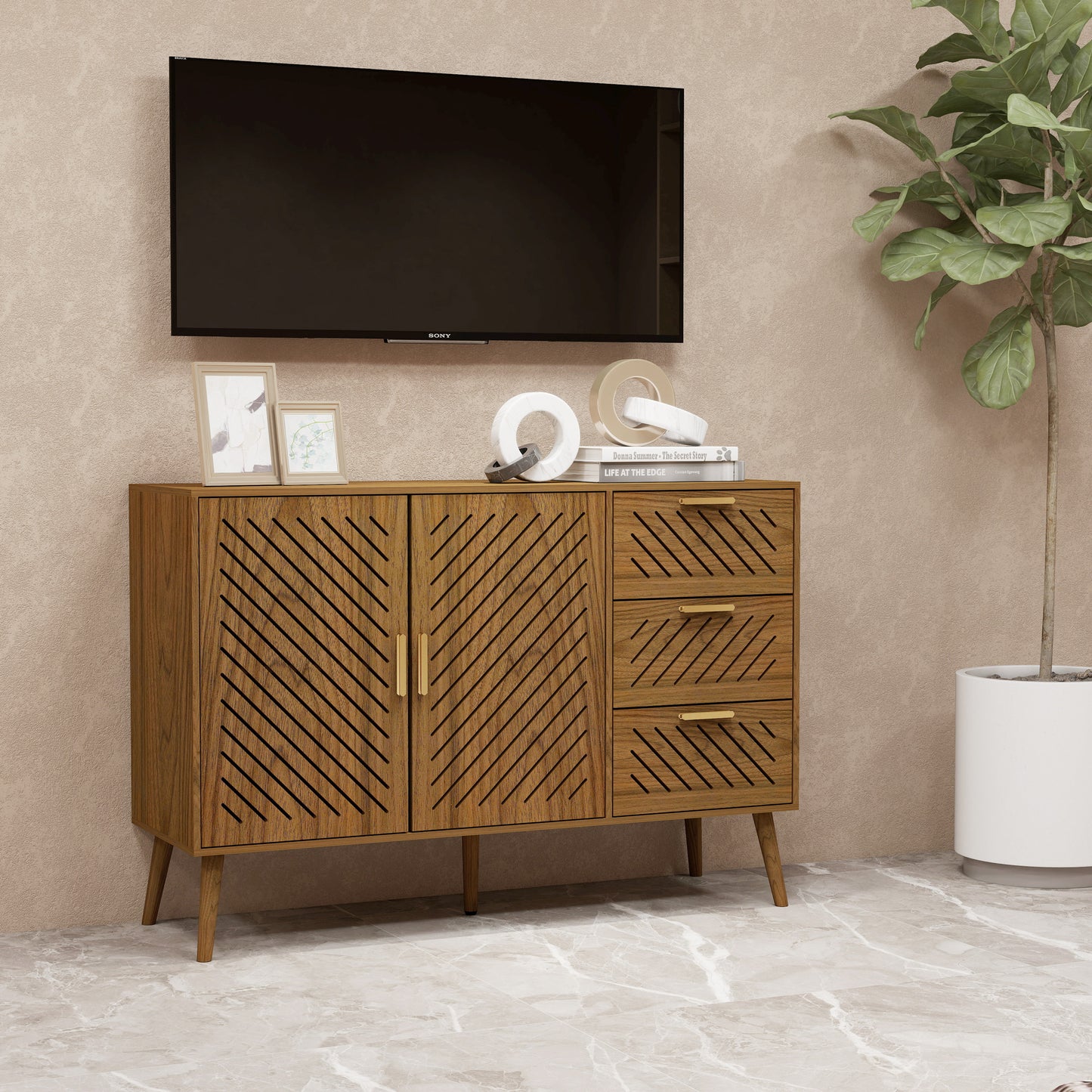 Peach wood Mid-Century Modern Sideboard Buffet Cabinet with Storage 2 Doors and 3 Drawers, TV Stand, Coffee Bar Cabinet, Buffet Table for Kitchen, Dining Room, Bedroom