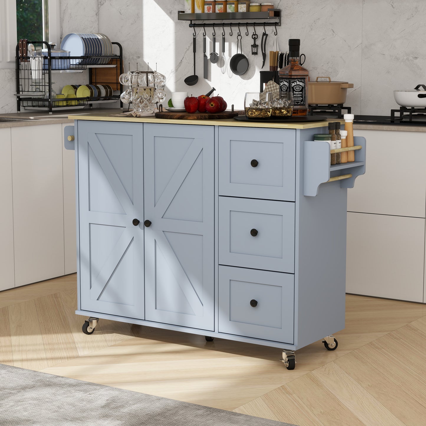 Removable Convenient Blue Kitchen Island with 2-Door Cabinets, 3-Drawer Storage, 5 Universal Wheels Rolling Kitchen Dining Cart, Wooden Top with Towel Rack