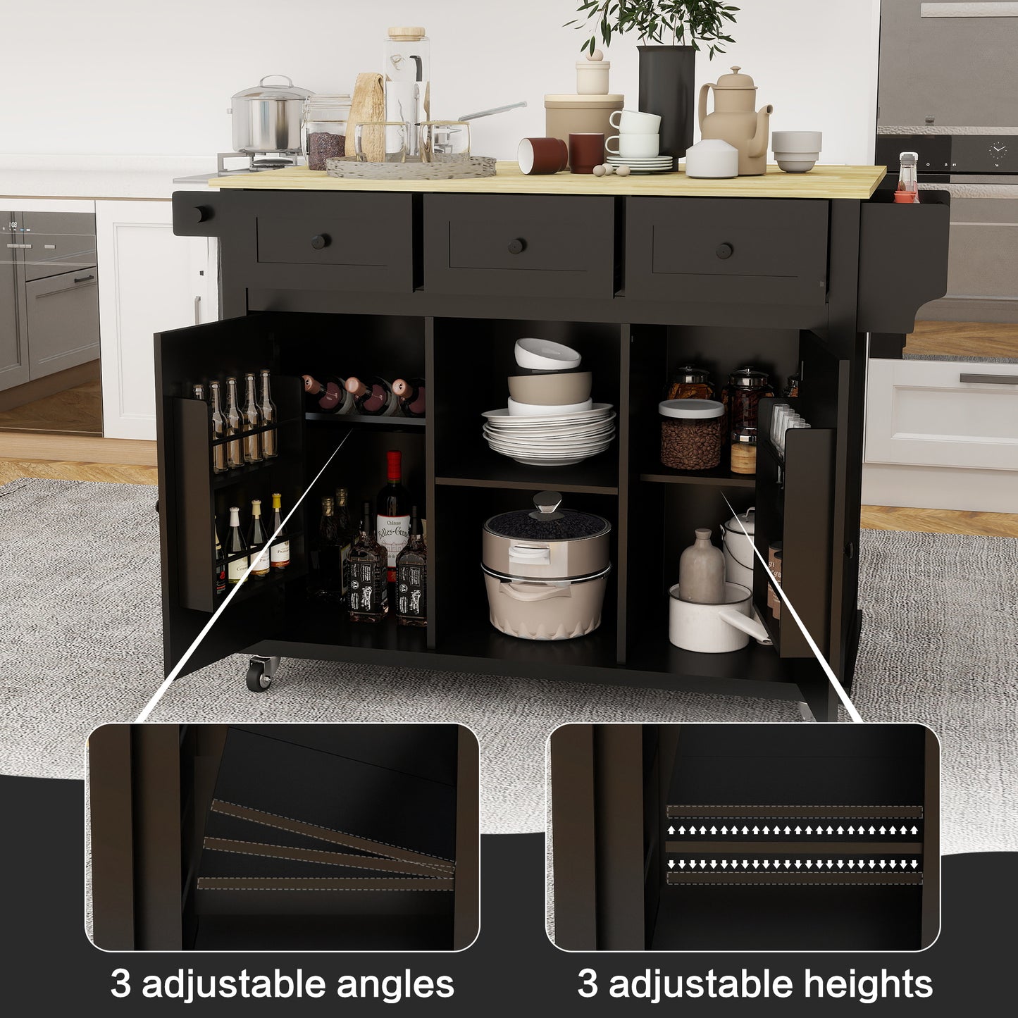 Black Wooden Kitchen Cart on Wheels with Drop Leaf,Rolling Kitchen Island with Storage Cabinet and 3 Drawers,Spice Rack,Towel Rack,Island Table for Kitchen Living Room Dining Room