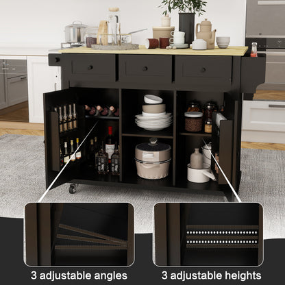 Black Wooden Kitchen Cart on Wheels with Drop Leaf,Rolling Kitchen Island with Storage Cabinet and 3 Drawers,Spice Rack,Towel Rack,Island Table for Kitchen Living Room Dining Room