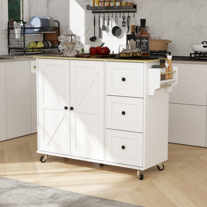 Removable Convenient White Kitchen Island with 2-Door Cabinets, 3-Drawer Storage, 5 Universal Wheels Rolling Kitchen Dining Cart, Wooden Top with Towel Rack
