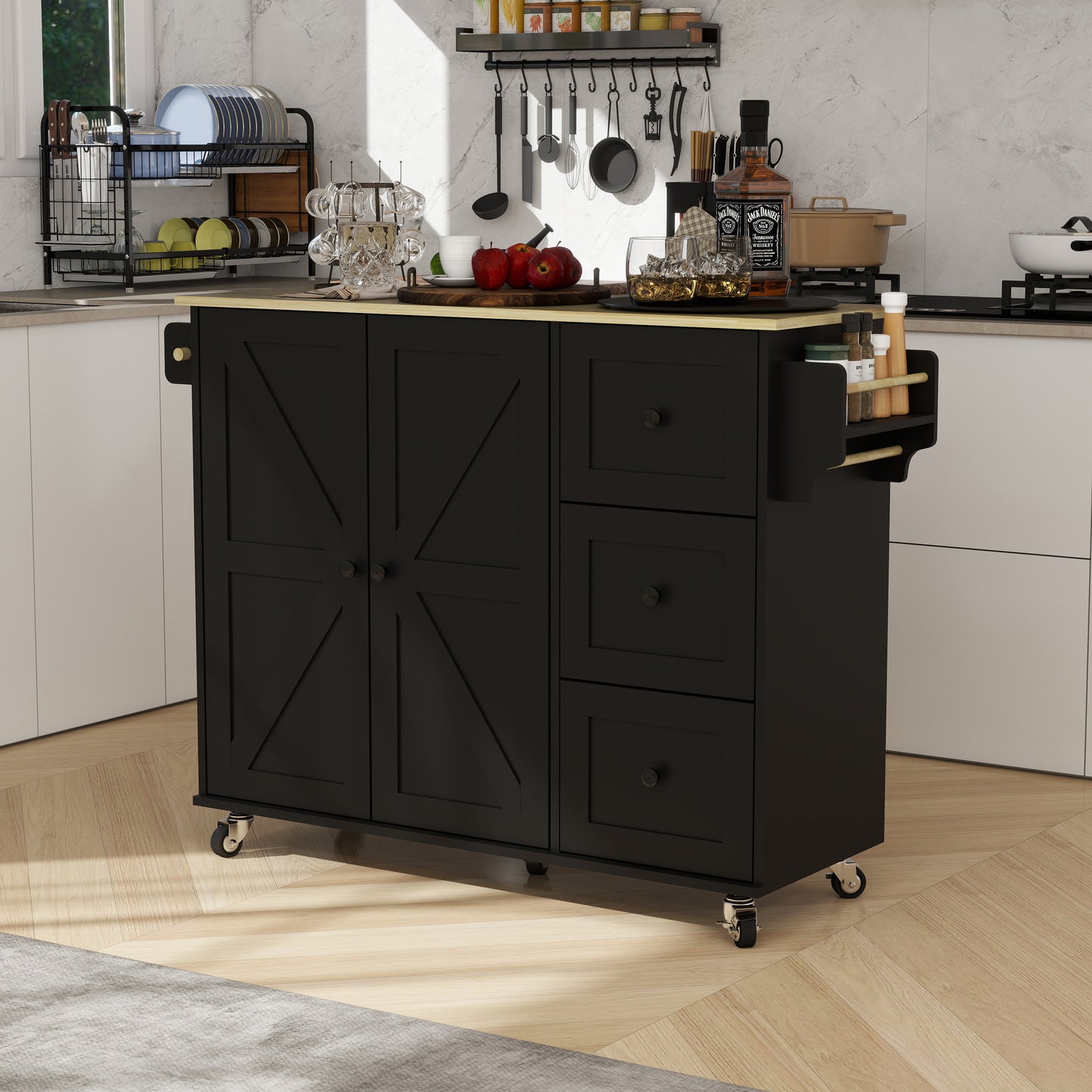 Removable Convenient Black Kitchen Island with 2-Door Cabinets, 3-Drawer Storage, 5 Universal Wheels Rolling Kitchen Dining Cart, Wooden Top with Towel Rack
