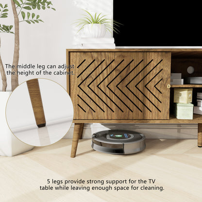 Peach wood TV Stand for 55 60 65 inch, Mid Century Modern TV Console,Wood Entertainment Center with Storage Sliding Doors, 2 Cabinet and Open Shelves for Living Room and Bedroom