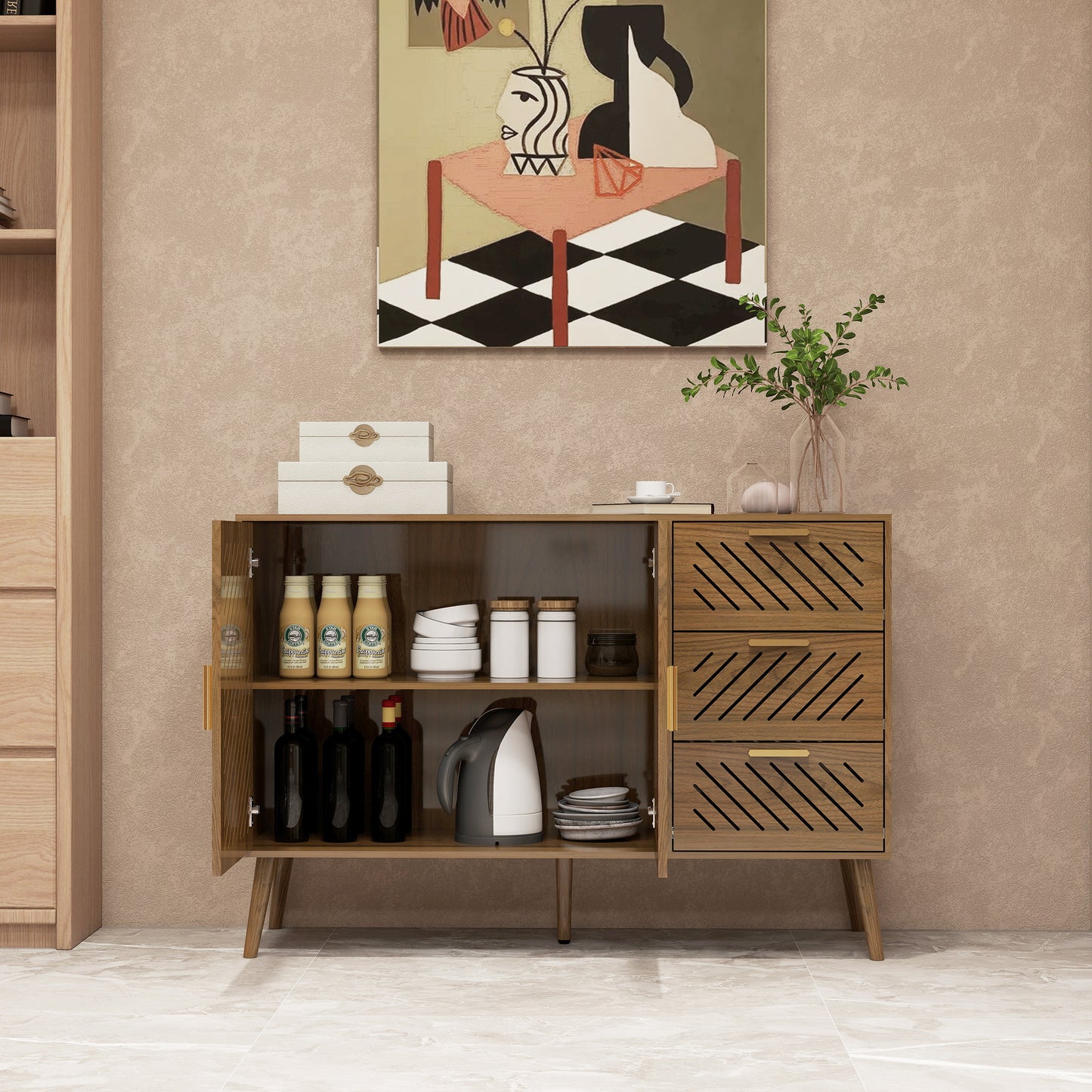 Peach wood Mid-Century Modern Sideboard Buffet Cabinet with Storage 2 Doors and 3 Drawers, TV Stand, Coffee Bar Cabinet, Buffet Table for Kitchen, Dining Room, Bedroom