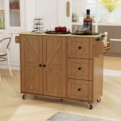 Removable Convenient Peach Kitchen Island with 2-Door Cabinets, 3-Drawer Storage, 5 Universal Wheels Rolling Kitchen Dining Cart, Wooden Top with Towel Rack