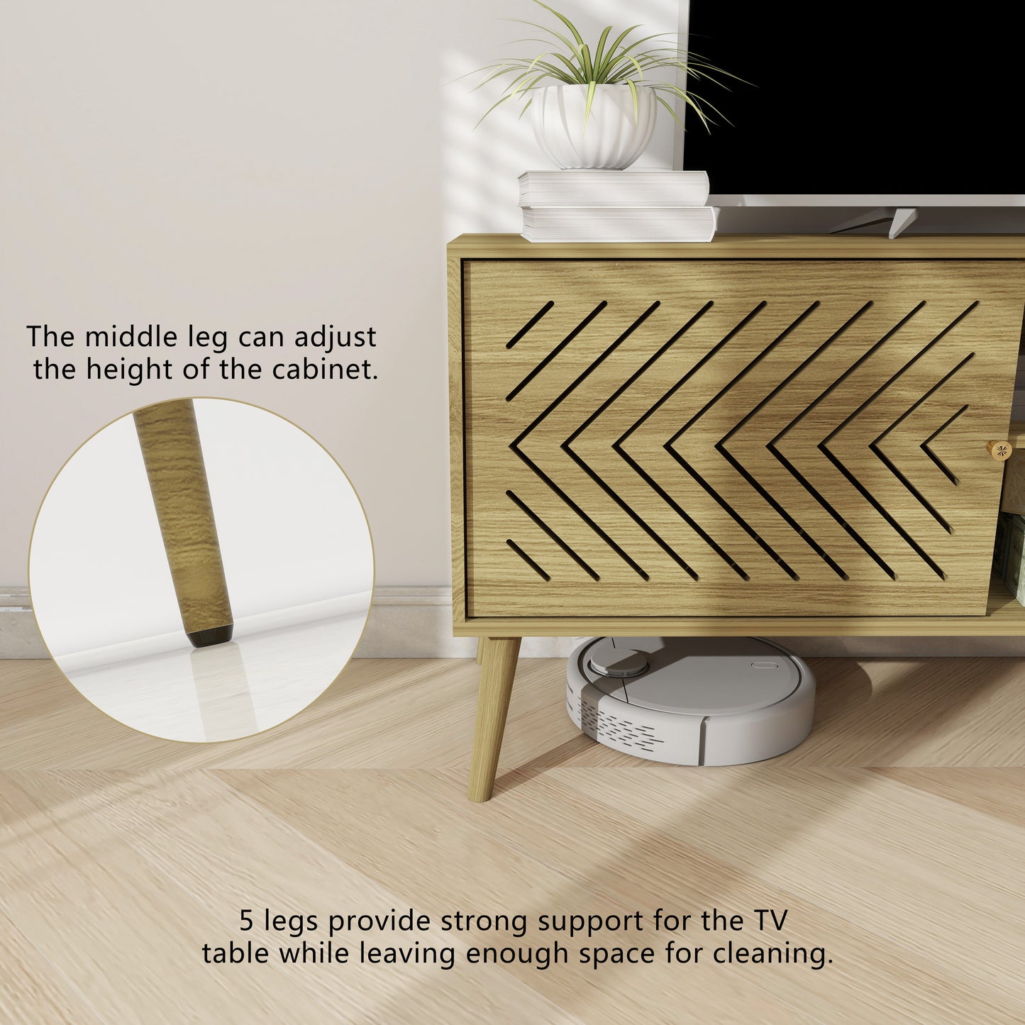 Log TV Stand for 55 60 65 inch, Mid Century Modern TV Console,Wood Entertainment Center with Storage Sliding Doors, 2 Cabinet and Open Shelves for Living Room and Bedroom