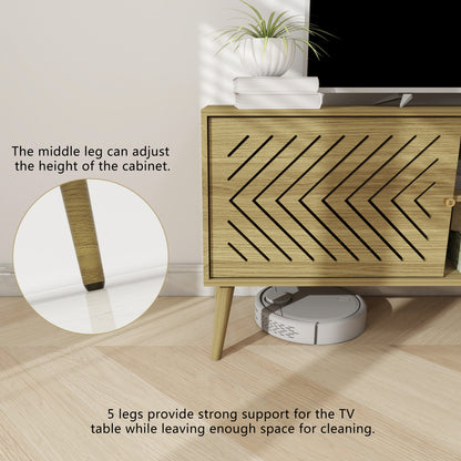 Log TV Stand for 55 60 65 inch, Mid Century Modern TV Console,Wood Entertainment Center with Storage Sliding Doors, 2 Cabinet and Open Shelves for Living Room and Bedroom