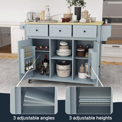 Blue Wooden Kitchen Cart on Wheels with Drop Leaf,Rolling Kitchen Island with Storage Cabinet and 3 Drawers,Spice Rack,Towel Rack,Island Table for Kitchen Living Room Dining Room