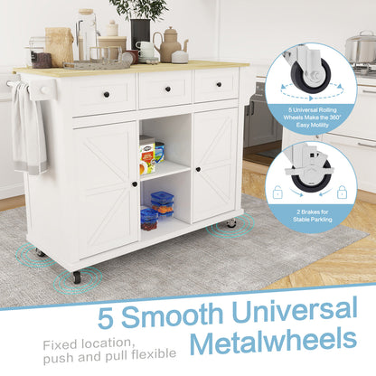 White Wooden Kitchen Cart on Wheels with Drop Leaf,Rolling Kitchen Island with Storage Cabinet and 3 Drawers,Spice Rack,Towel Rack,Island Table for Kitchen Living Room Dining Room