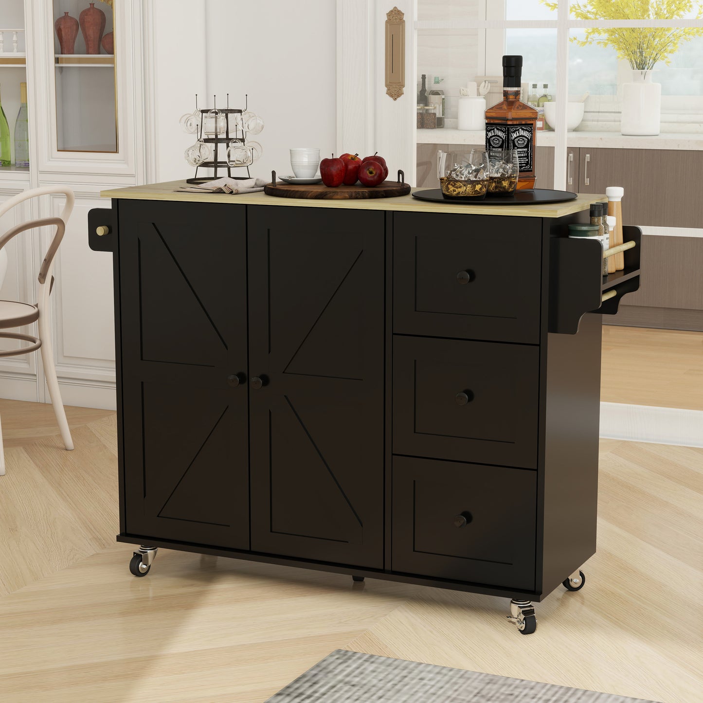 Removable Convenient Black Kitchen Island with 2-Door Cabinets, 3-Drawer Storage, 5 Universal Wheels Rolling Kitchen Dining Cart, Wooden Top with Towel Rack