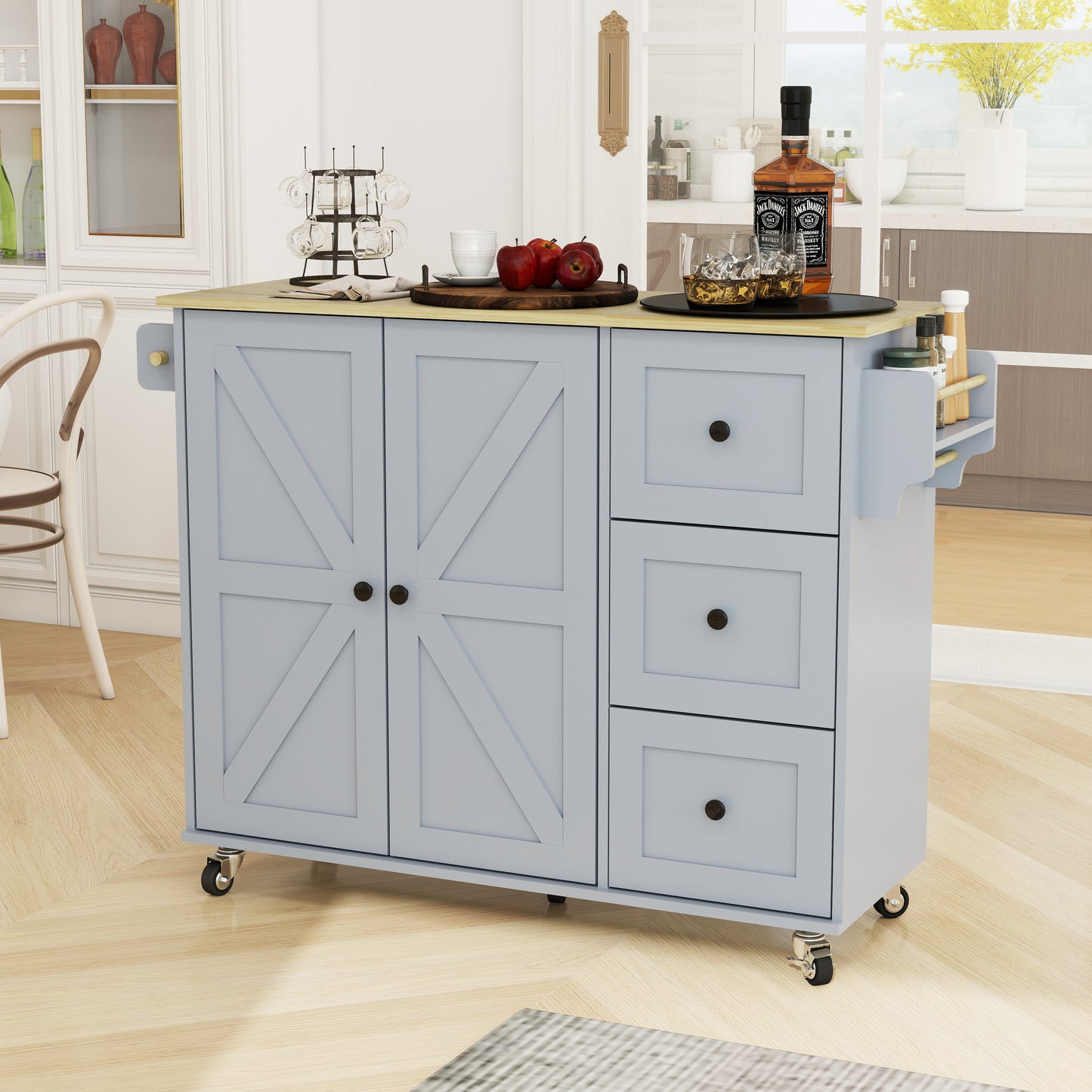 Removable Convenient Blue Kitchen Island with 2-Door Cabinets, 3-Drawer Storage, 5 Universal Wheels Rolling Kitchen Dining Cart, Wooden Top with Towel Rack