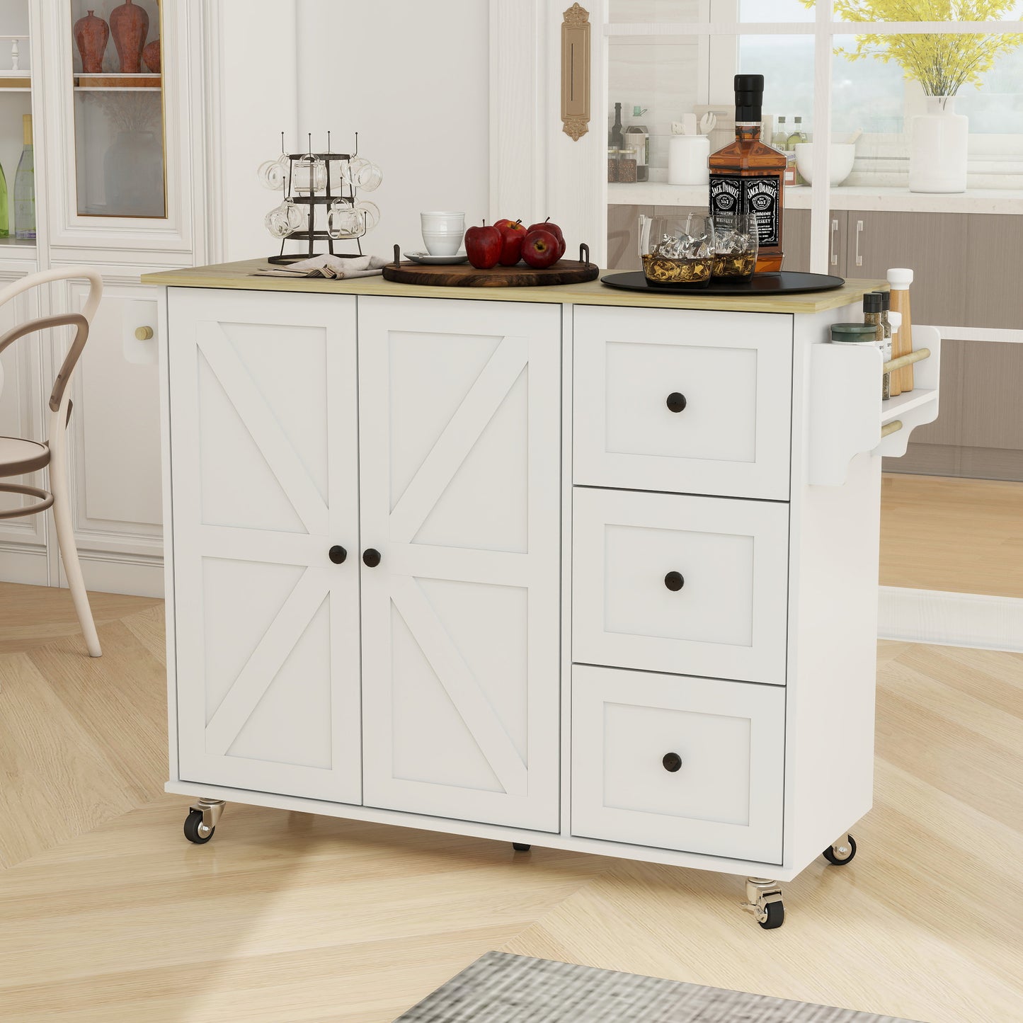 Removable Convenient White Kitchen Island with 2-Door Cabinets, 3-Drawer Storage, 5 Universal Wheels Rolling Kitchen Dining Cart, Wooden Top with Towel Rack