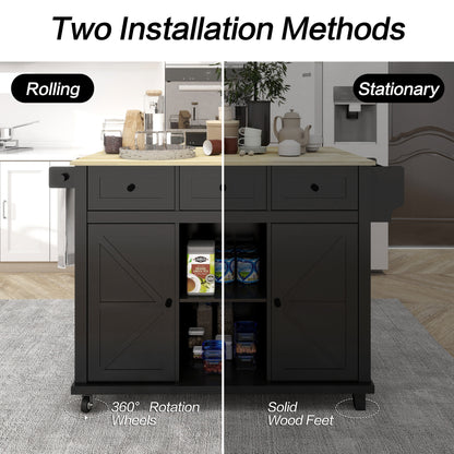 Black Wooden Kitchen Cart on Wheels with Drop Leaf,Rolling Kitchen Island with Storage Cabinet and 3 Drawers,Spice Rack,Towel Rack,Island Table for Kitchen Living Room Dining Room