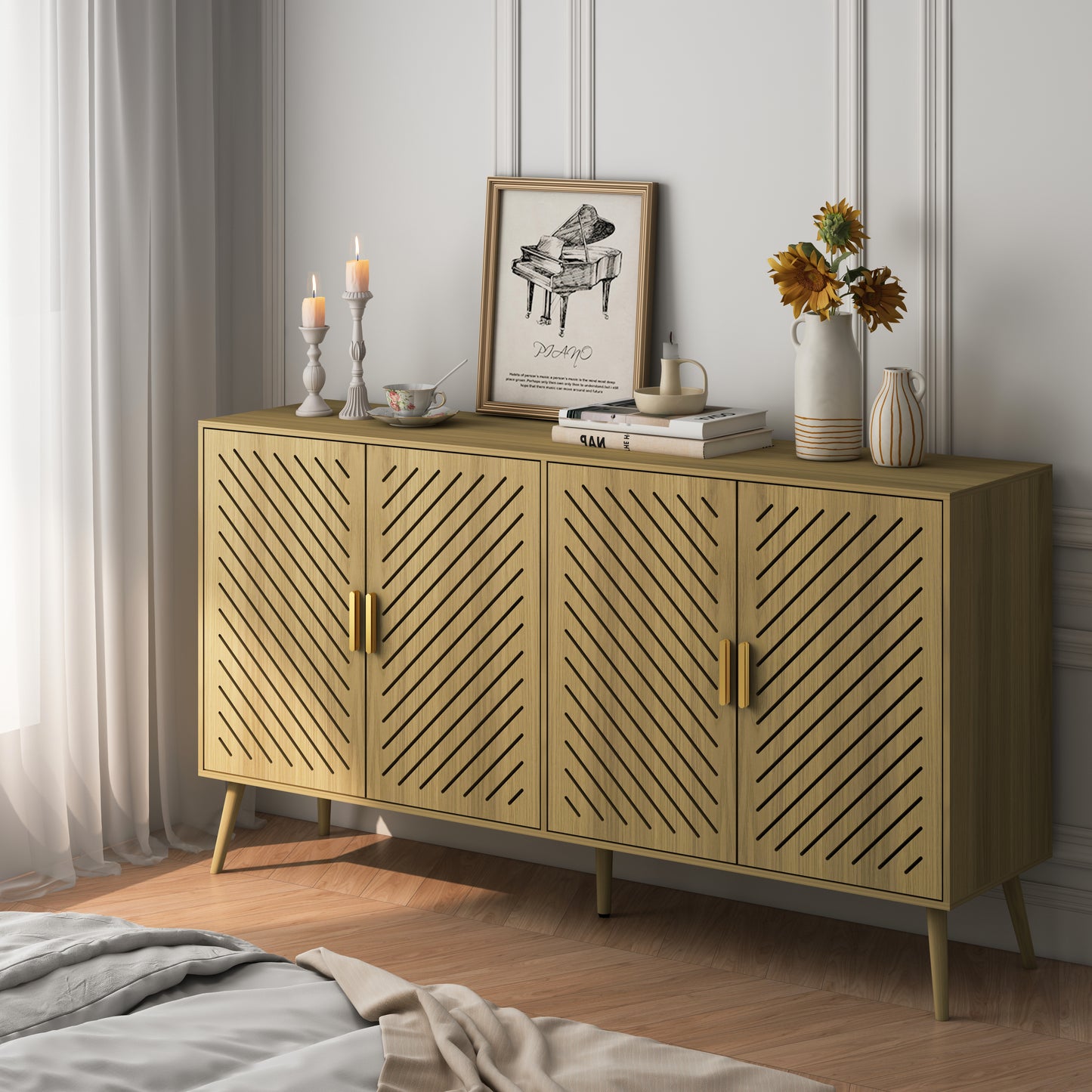 Log Wood Sideboard Buffet Cabinet with Storage, 4 Doors, Adjustable Shelves, TV Stand or Coffee Bar for Kitchen, Dining Room, Living Room, Entryway