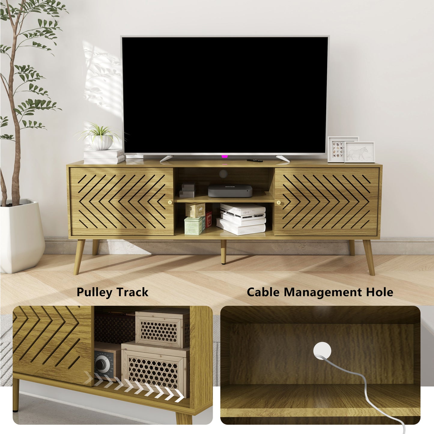 Log TV Stand for 55 60 65 inch, Mid Century Modern TV Console,Wood Entertainment Center with Storage Sliding Doors, 2 Cabinet and Open Shelves for Living Room and Bedroom