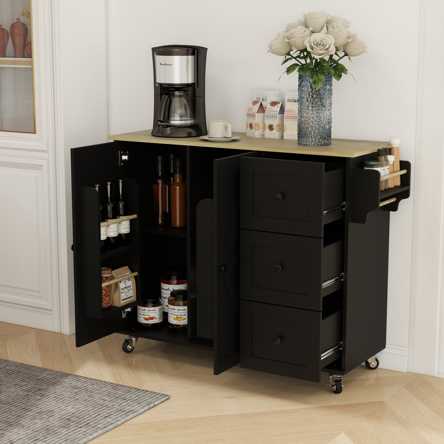 Removable Convenient Black Kitchen Island with 2-Door Cabinets, 3-Drawer Storage, 5 Universal Wheels Rolling Kitchen Dining Cart, Wooden Top with Towel Rack