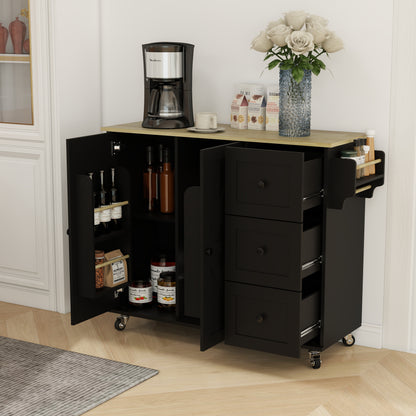 Removable Convenient Black Kitchen Island with 2-Door Cabinets, 3-Drawer Storage, 5 Universal Wheels Rolling Kitchen Dining Cart, Wooden Top with Towel Rack