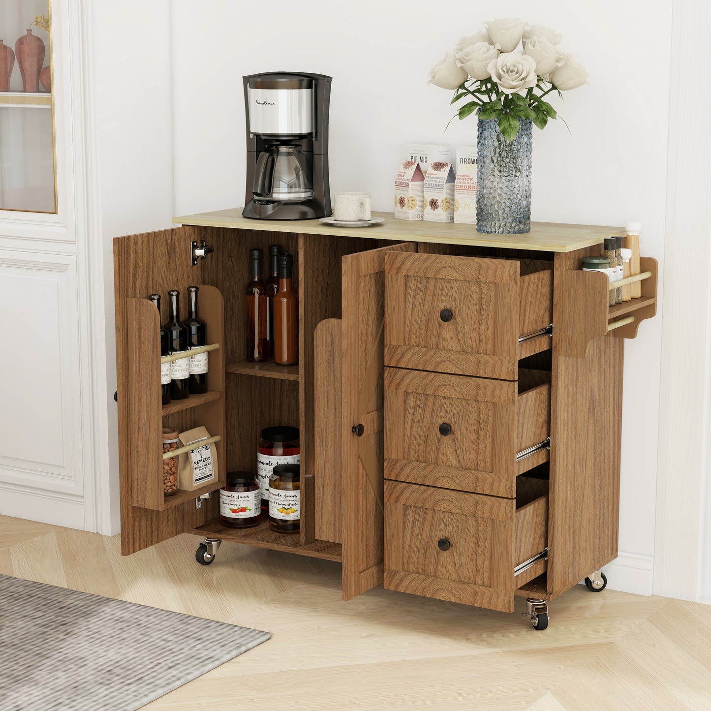 Removable Convenient Peach Kitchen Island with 2-Door Cabinets, 3-Drawer Storage, 5 Universal Wheels Rolling Kitchen Dining Cart, Wooden Top with Towel Rack