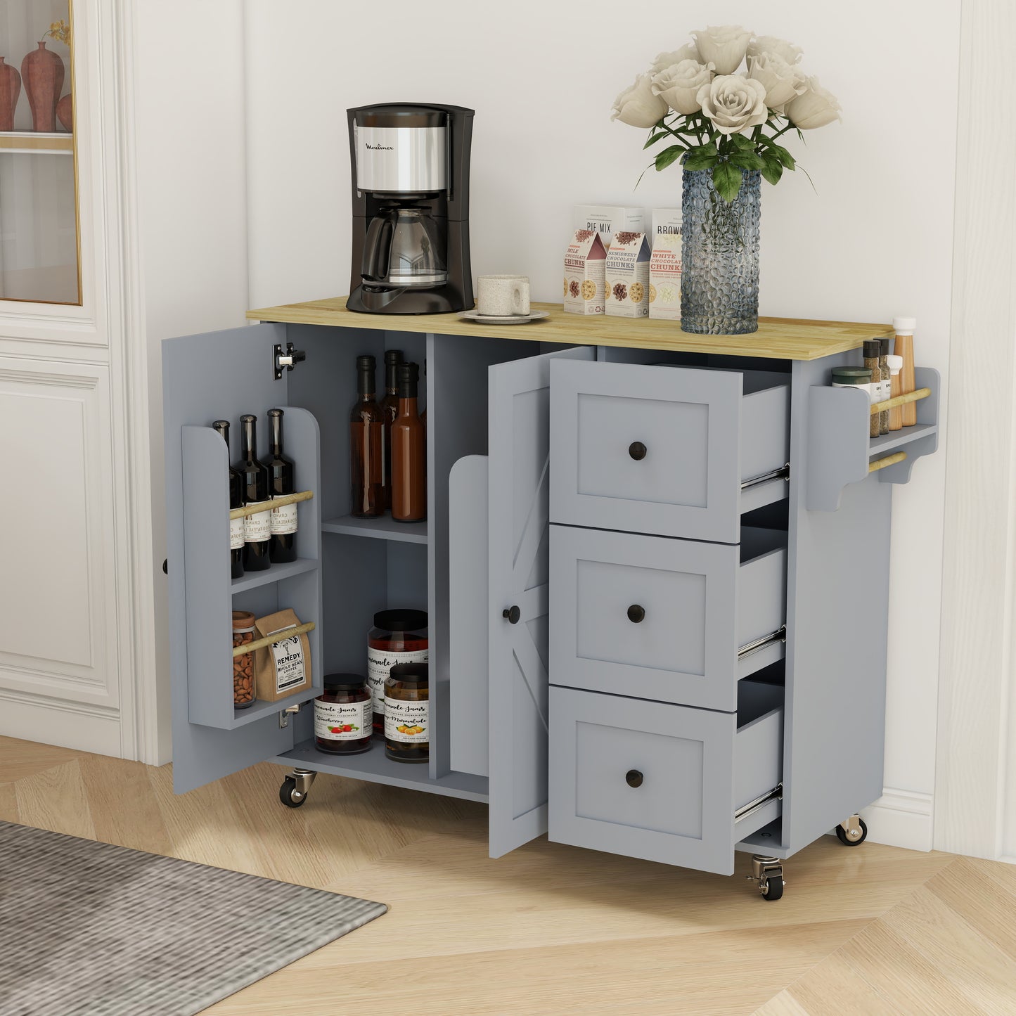 Removable Convenient Blue Kitchen Island with 2-Door Cabinets, 3-Drawer Storage, 5 Universal Wheels Rolling Kitchen Dining Cart, Wooden Top with Towel Rack