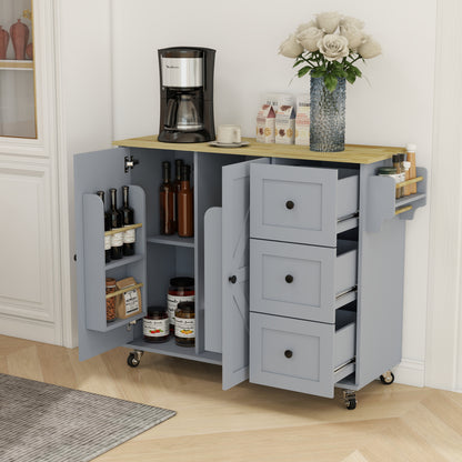 Removable Convenient Blue Kitchen Island with 2-Door Cabinets, 3-Drawer Storage, 5 Universal Wheels Rolling Kitchen Dining Cart, Wooden Top with Towel Rack