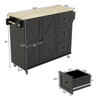 Removable Convenient Black Kitchen Island with 2-Door Cabinets, 3-Drawer Storage, 5 Universal Wheels Rolling Kitchen Dining Cart, Wooden Top with Towel Rack