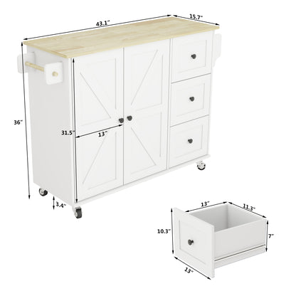 Removable Convenient White Kitchen Island with 2-Door Cabinets, 3-Drawer Storage, 5 Universal Wheels Rolling Kitchen Dining Cart, Wooden Top with Towel Rack