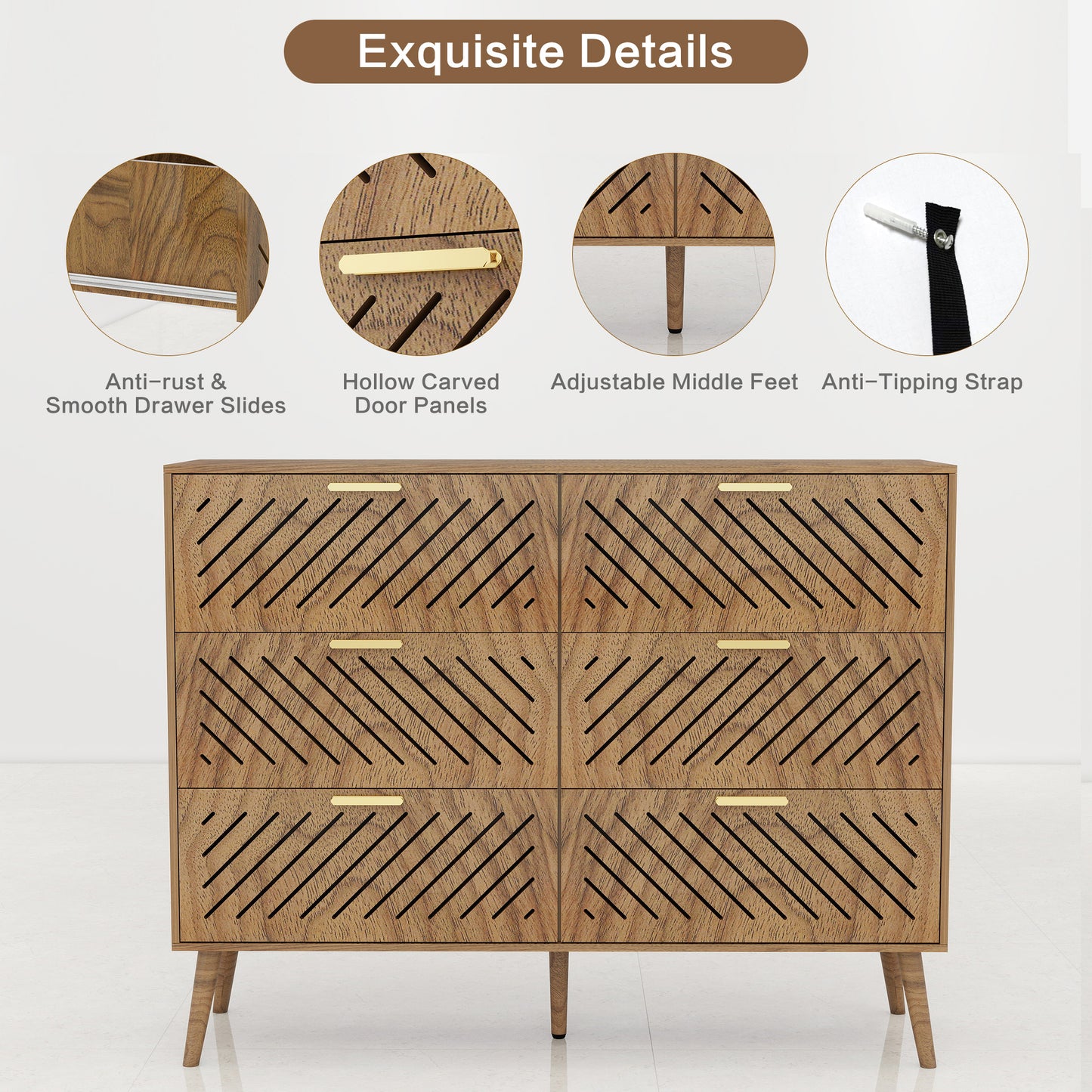 Peach wood Modern 6 Drawer Dresser for Bedroom Storage Cabinet with Metal Handle, Wide Chest of Drawers, TV Stand, Beside Table for Closet, Hallway,  Living Room and Entryway