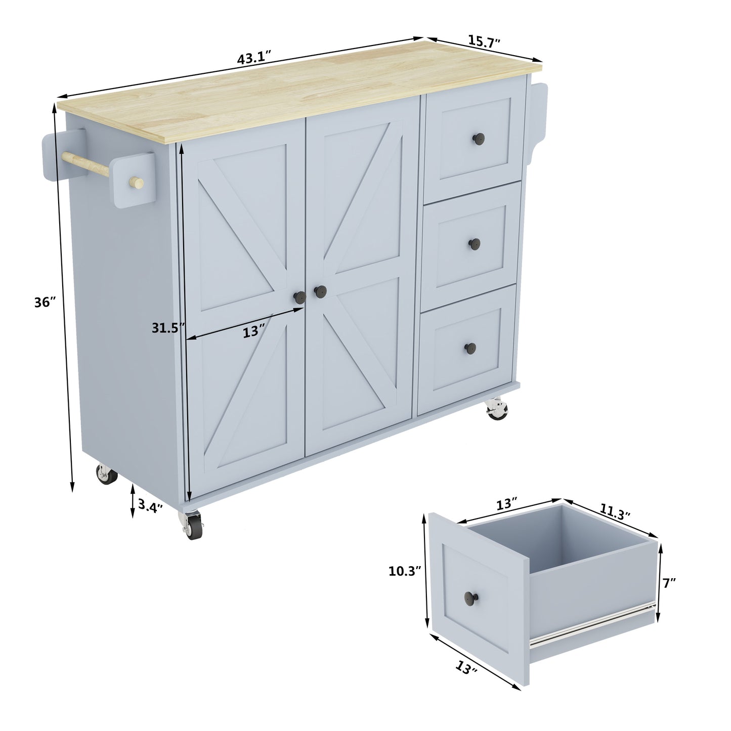 Removable Convenient Blue Kitchen Island with 2-Door Cabinets, 3-Drawer Storage, 5 Universal Wheels Rolling Kitchen Dining Cart, Wooden Top with Towel Rack