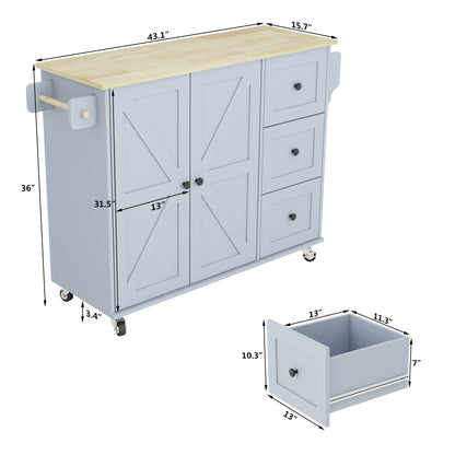 Removable Convenient Blue Kitchen Island with 2-Door Cabinets, 3-Drawer Storage, 5 Universal Wheels Rolling Kitchen Dining Cart, Wooden Top with Towel Rack
