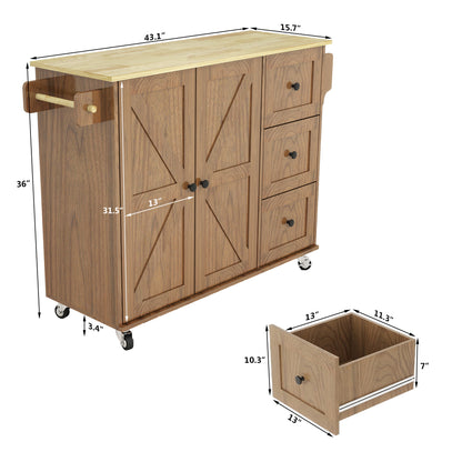 Removable Convenient Peach Kitchen Island with 2-Door Cabinets, 3-Drawer Storage, 5 Universal Wheels Rolling Kitchen Dining Cart, Wooden Top with Towel Rack