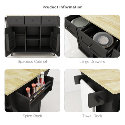Black Wooden Kitchen Cart on Wheels with Drop Leaf,Rolling Kitchen Island with Storage Cabinet and 3 Drawers,Spice Rack,Towel Rack,Island Table for Kitchen Living Room Dining Room