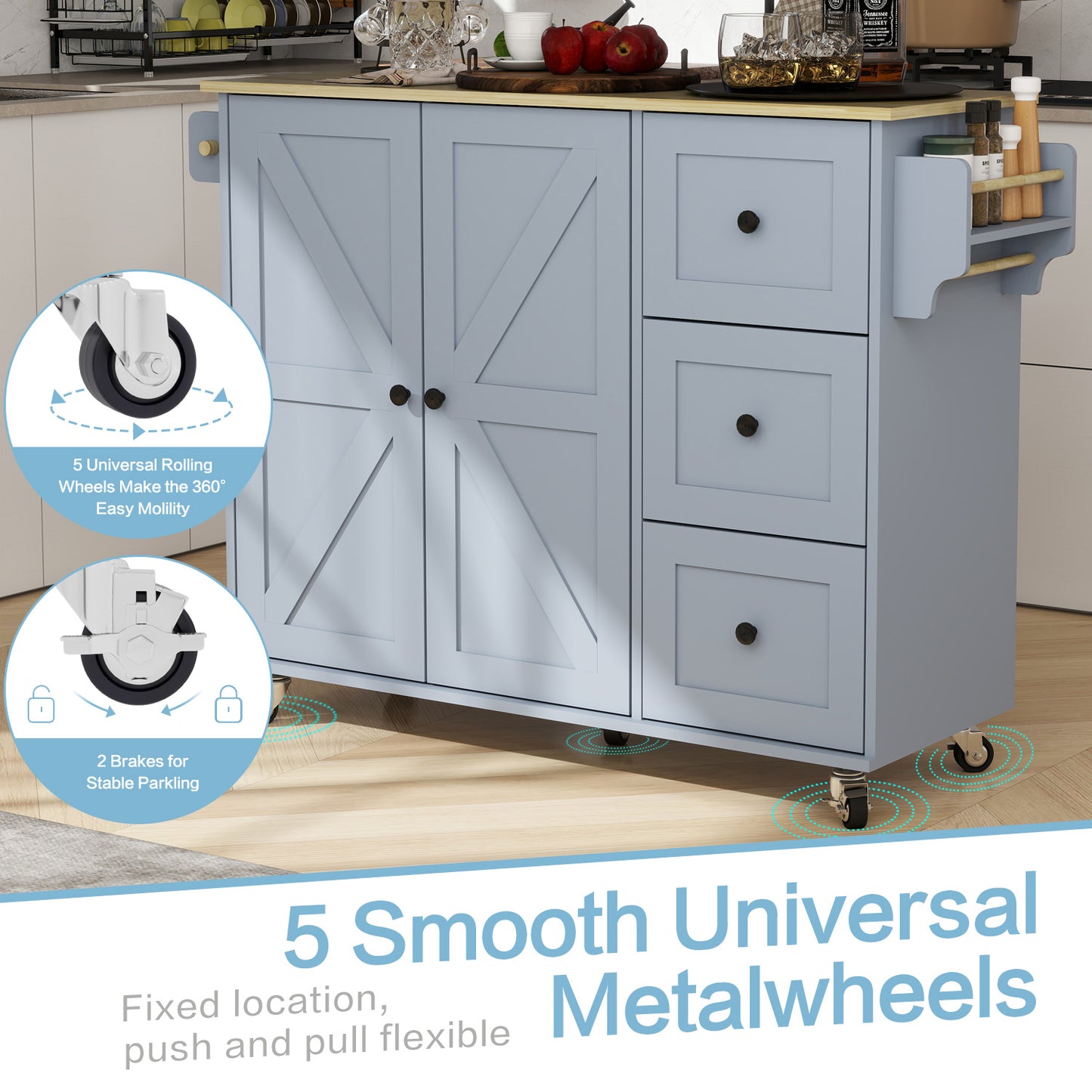 Removable Convenient Blue Kitchen Island with 2-Door Cabinets, 3-Drawer Storage, 5 Universal Wheels Rolling Kitchen Dining Cart, Wooden Top with Towel Rack