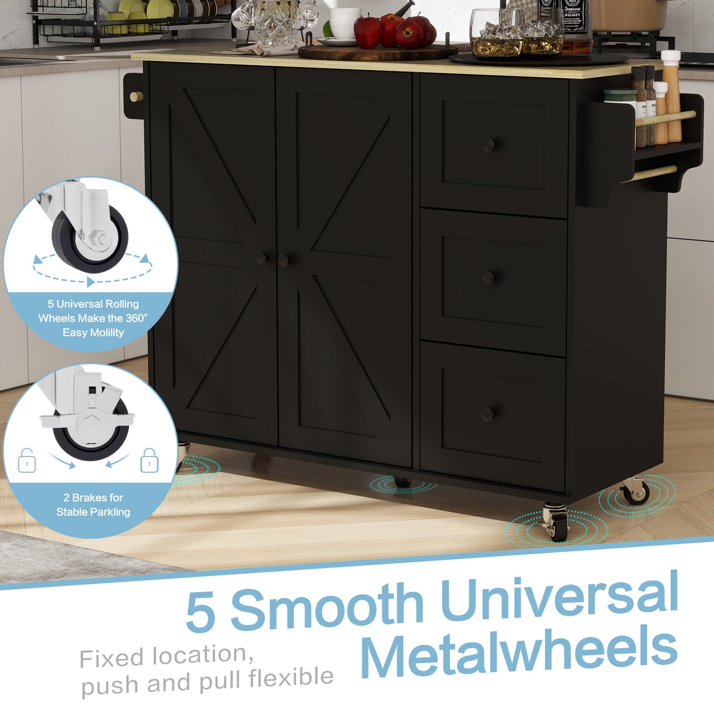 Removable Convenient Black Kitchen Island with 2-Door Cabinets, 3-Drawer Storage, 5 Universal Wheels Rolling Kitchen Dining Cart, Wooden Top with Towel Rack