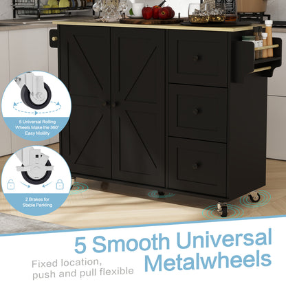 Removable Convenient Black Kitchen Island with 2-Door Cabinets, 3-Drawer Storage, 5 Universal Wheels Rolling Kitchen Dining Cart, Wooden Top with Towel Rack
