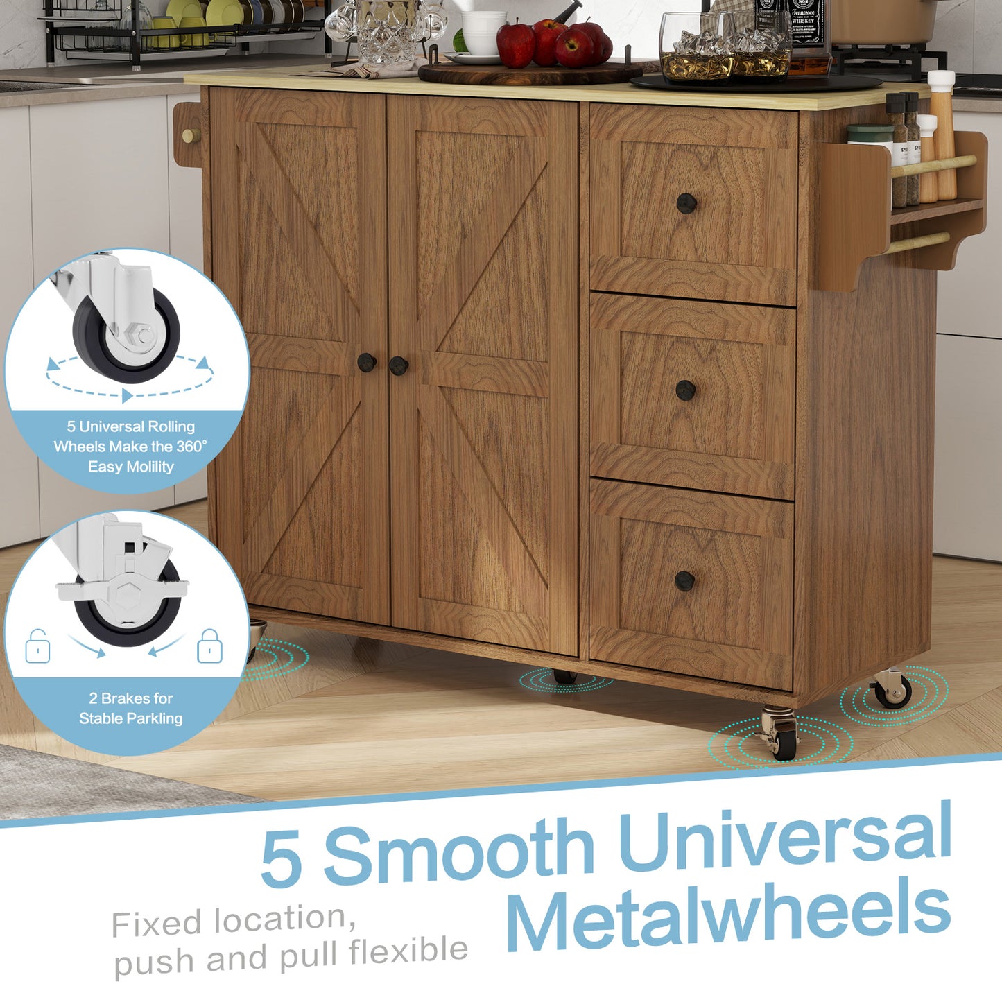 Removable Convenient Peach Kitchen Island with 2-Door Cabinets, 3-Drawer Storage, 5 Universal Wheels Rolling Kitchen Dining Cart, Wooden Top with Towel Rack