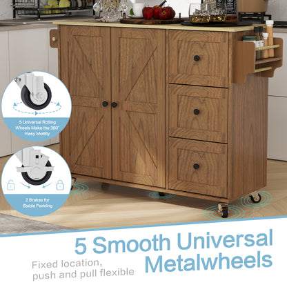 Removable Convenient Peach Kitchen Island with 2-Door Cabinets, 3-Drawer Storage, 5 Universal Wheels Rolling Kitchen Dining Cart, Wooden Top with Towel Rack