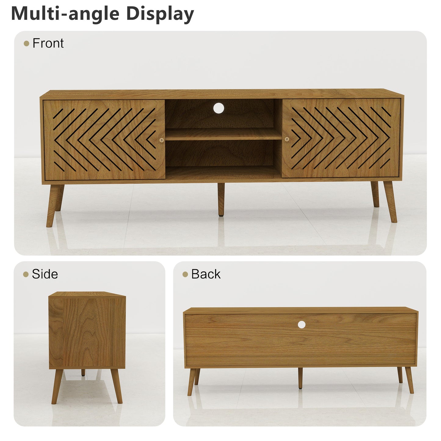 Peach wood TV Stand for 55 60 65 inch, Mid Century Modern TV Console,Wood Entertainment Center with Storage Sliding Doors, 2 Cabinet and Open Shelves for Living Room and Bedroom