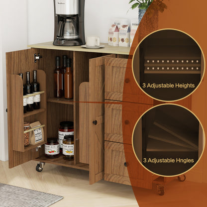 Removable Convenient Peach Kitchen Island with 2-Door Cabinets, 3-Drawer Storage, 5 Universal Wheels Rolling Kitchen Dining Cart, Wooden Top with Towel Rack