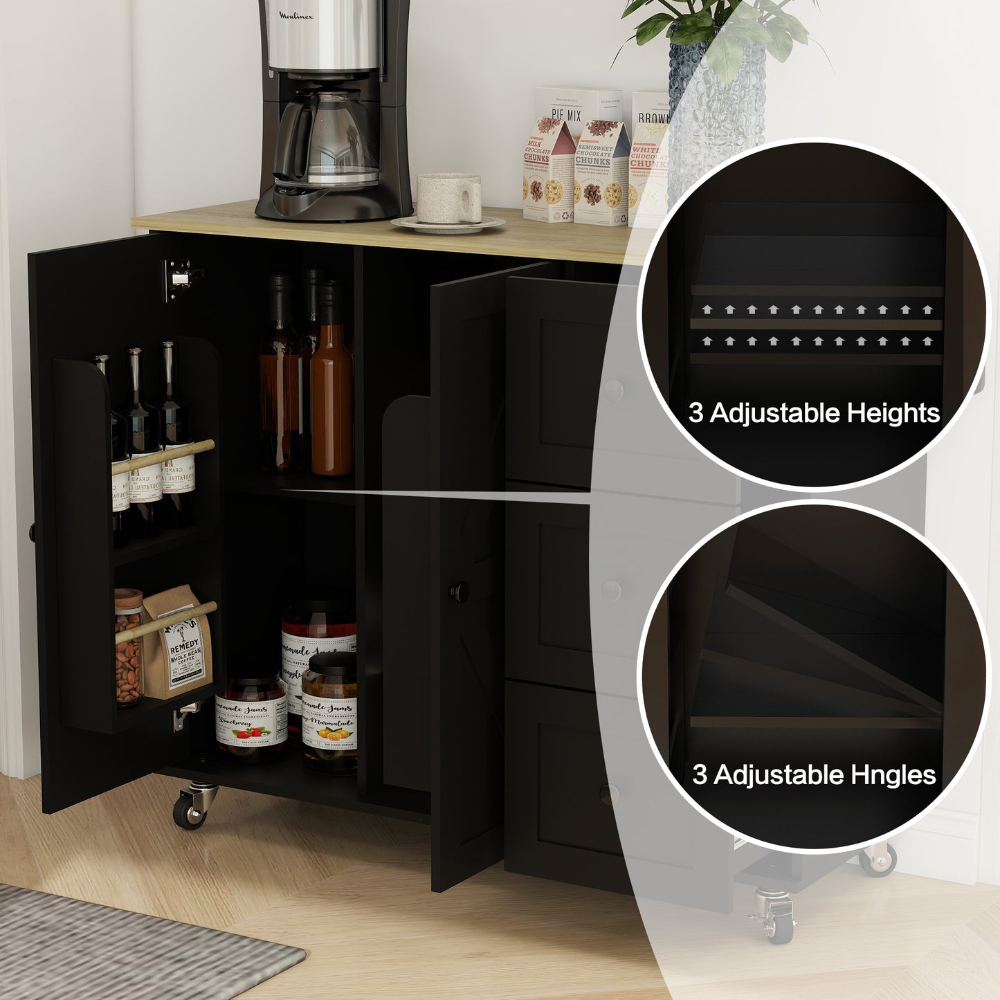 Removable Convenient Black Kitchen Island with 2-Door Cabinets, 3-Drawer Storage, 5 Universal Wheels Rolling Kitchen Dining Cart, Wooden Top with Towel Rack