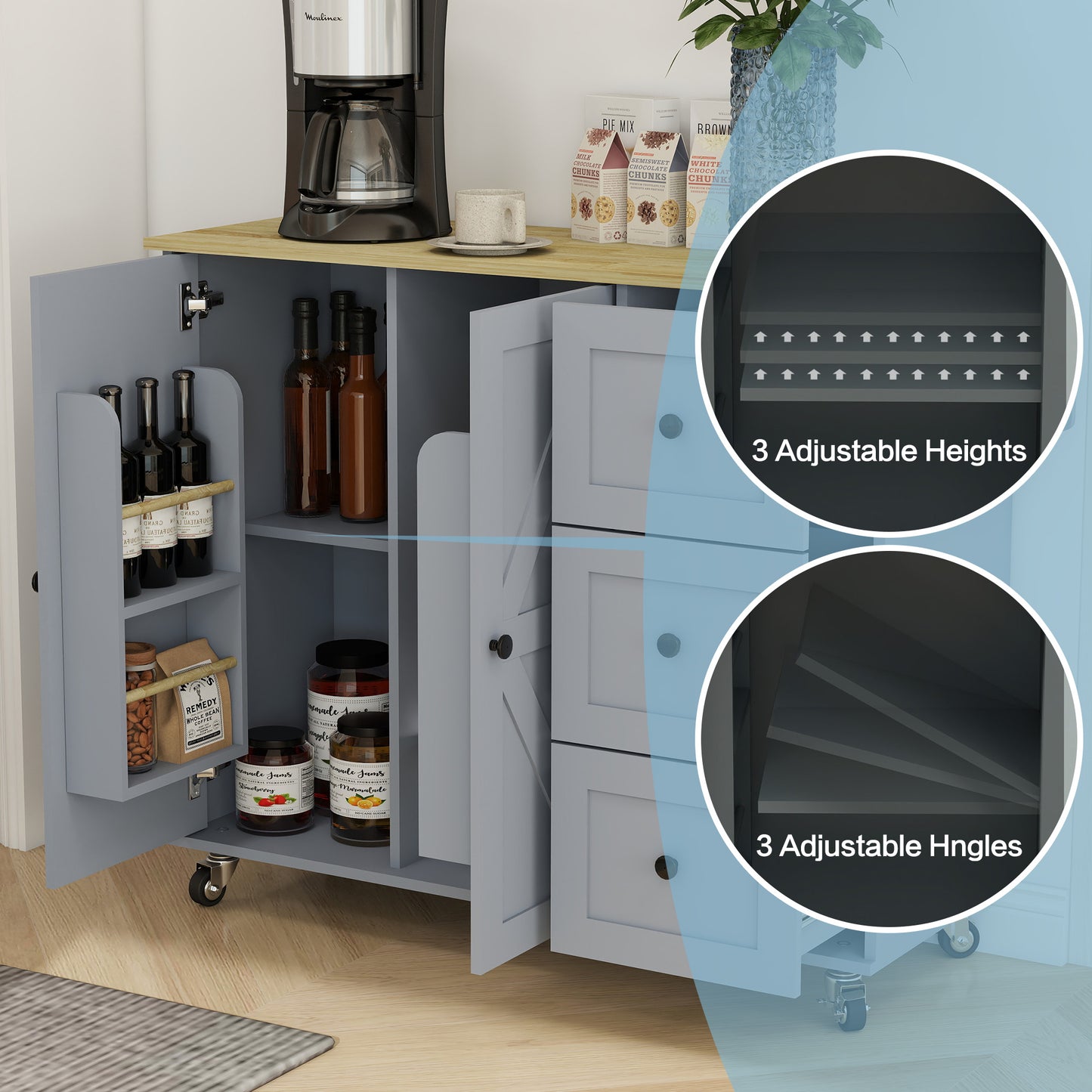 Removable Convenient Blue Kitchen Island with 2-Door Cabinets, 3-Drawer Storage, 5 Universal Wheels Rolling Kitchen Dining Cart, Wooden Top with Towel Rack