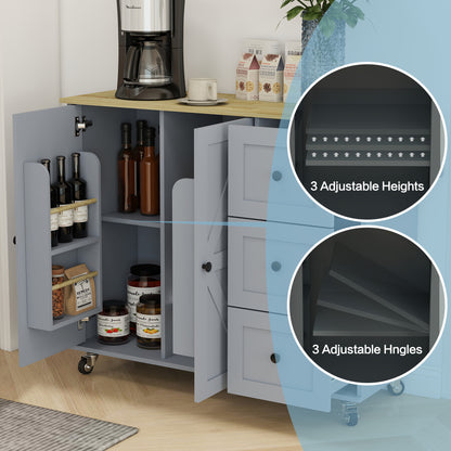 Removable Convenient Blue Kitchen Island with 2-Door Cabinets, 3-Drawer Storage, 5 Universal Wheels Rolling Kitchen Dining Cart, Wooden Top with Towel Rack