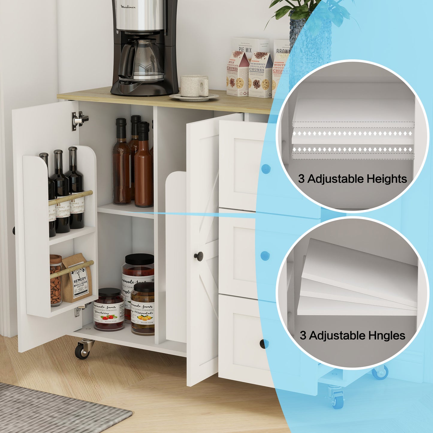 Removable Convenient White Kitchen Island with 2-Door Cabinets, 3-Drawer Storage, 5 Universal Wheels Rolling Kitchen Dining Cart, Wooden Top with Towel Rack