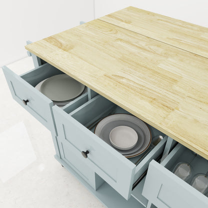 Blue Wooden Kitchen Cart on Wheels with Drop Leaf,Rolling Kitchen Island with Storage Cabinet and 3 Drawers,Spice Rack,Towel Rack,Island Table for Kitchen Living Room Dining Room