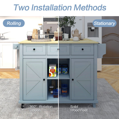 Blue Wooden Kitchen Cart on Wheels with Drop Leaf,Rolling Kitchen Island with Storage Cabinet and 3 Drawers,Spice Rack,Towel Rack,Island Table for Kitchen Living Room Dining Room