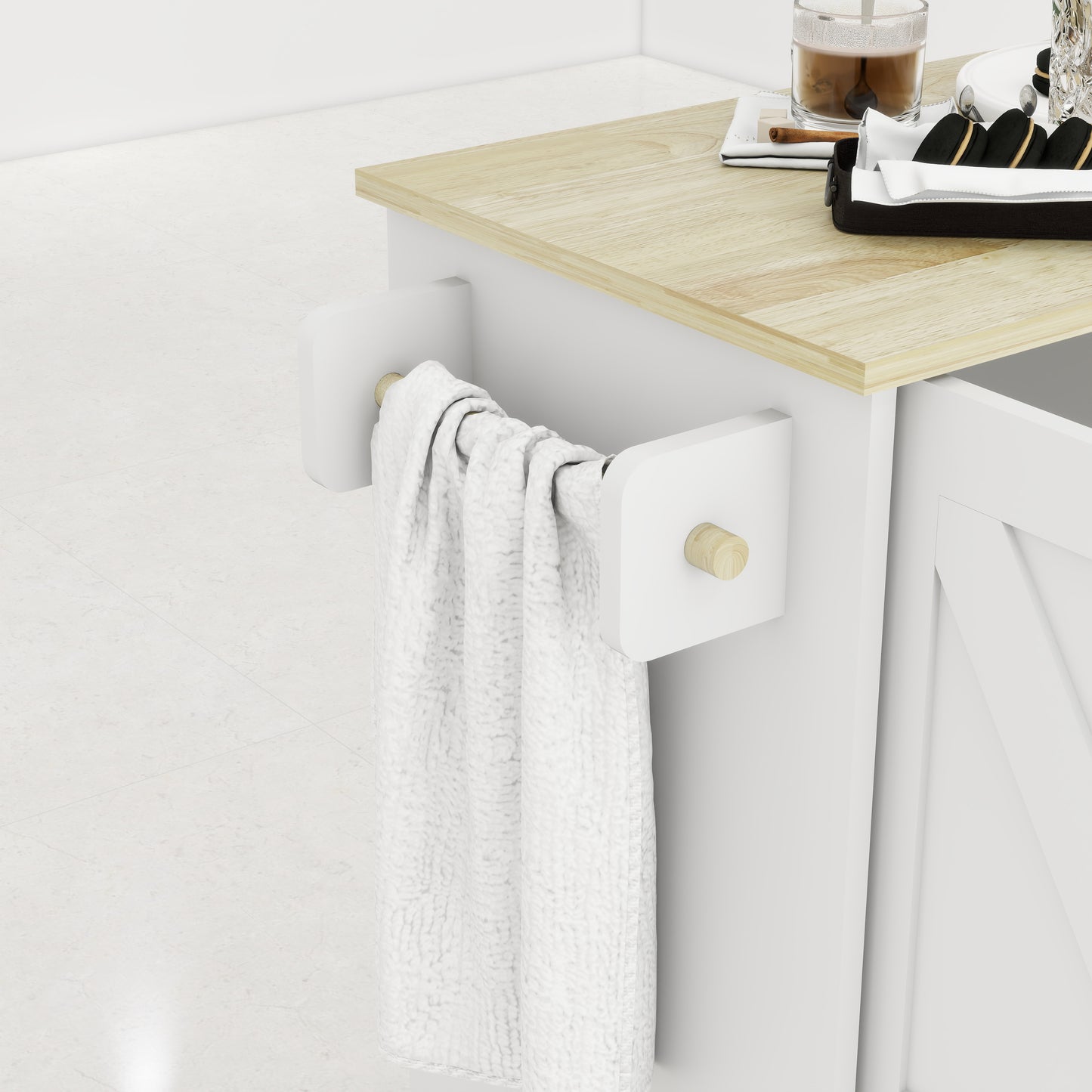 Removable Convenient White Kitchen Island with 2-Door Cabinets, 3-Drawer Storage, 5 Universal Wheels Rolling Kitchen Dining Cart, Wooden Top with Towel Rack