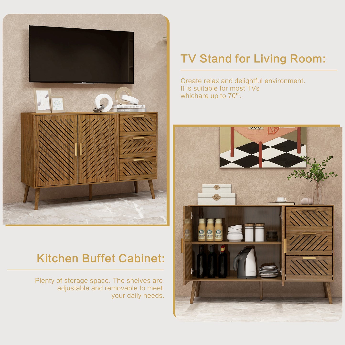 Peach wood Mid-Century Modern Sideboard Buffet Cabinet with Storage 2 Doors and 3 Drawers, TV Stand, Coffee Bar Cabinet, Buffet Table for Kitchen, Dining Room, Bedroom