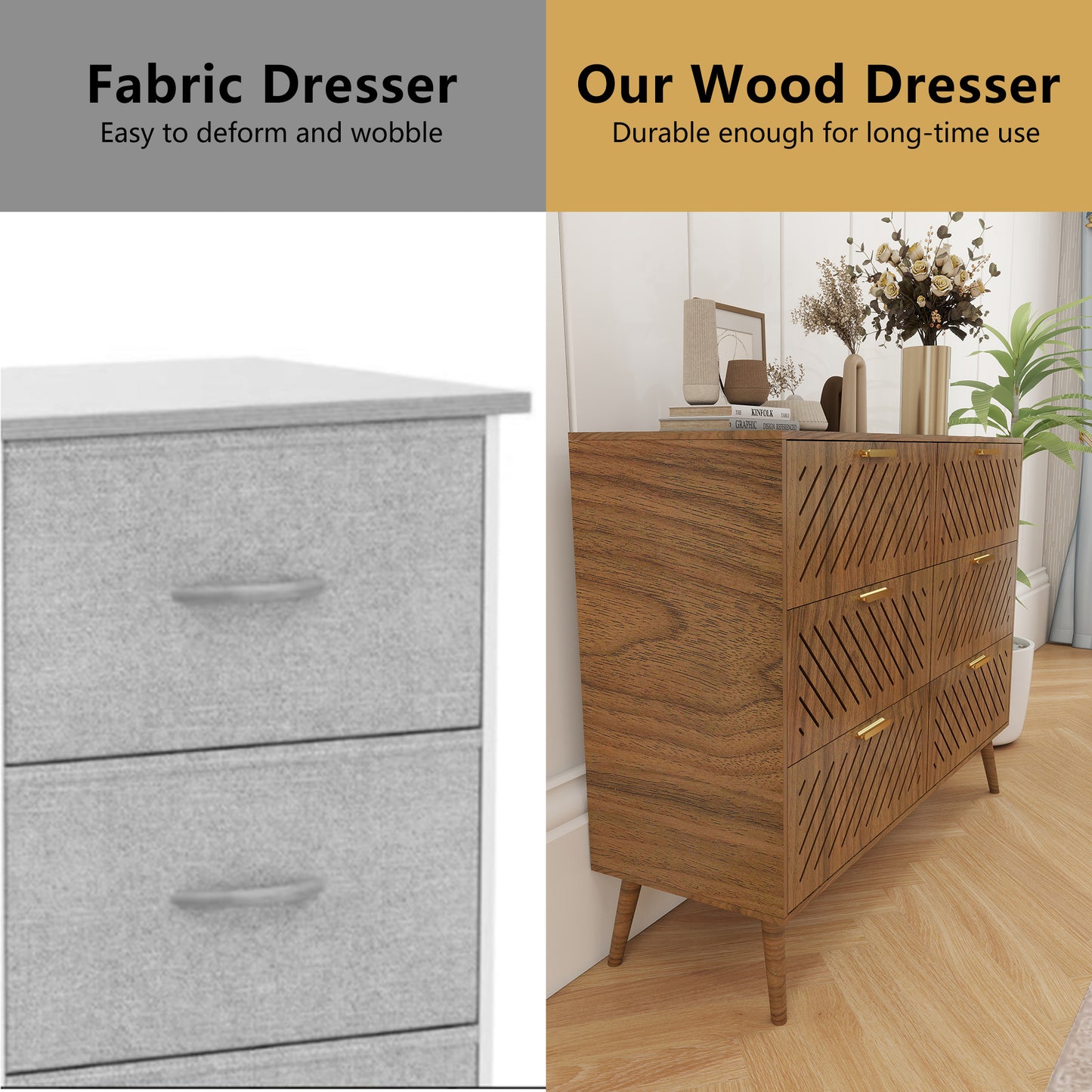 Peach wood Modern 6 Drawer Dresser for Bedroom Storage Cabinet with Metal Handle, Wide Chest of Drawers, TV Stand, Beside Table for Closet, Hallway,  Living Room and Entryway
