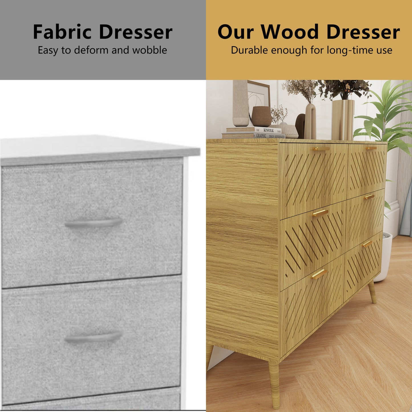 Log Modern 6 Drawer Dresser for Bedroom Storage Cabinet with Metal Handle, Wide Chest of Drawers, TV Stand, Beside Table for Closet, Hallway,  Living Room and Entryway