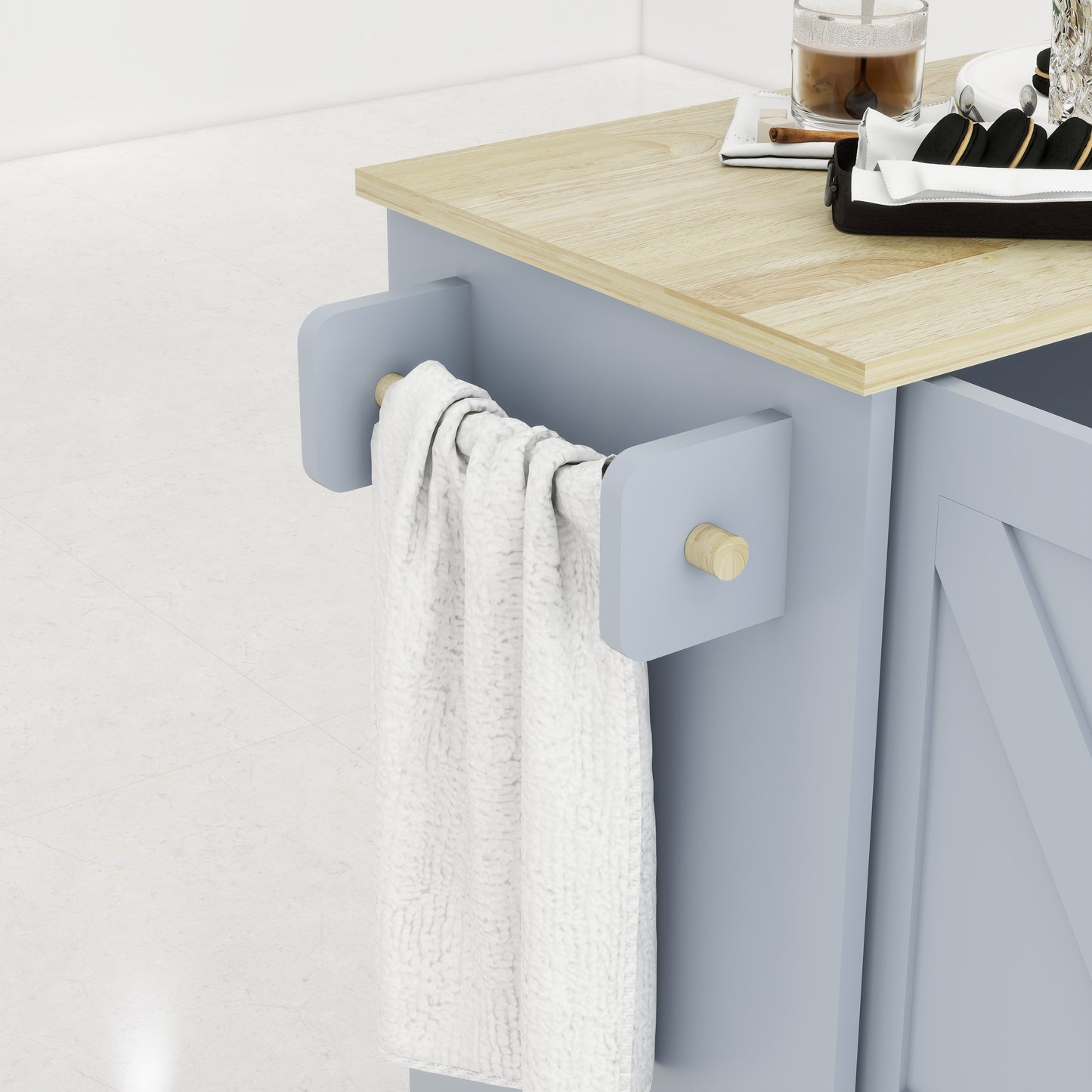 Removable Convenient Blue Kitchen Island with 2-Door Cabinets, 3-Drawer Storage, 5 Universal Wheels Rolling Kitchen Dining Cart, Wooden Top with Towel Rack